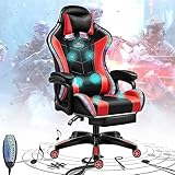 MACIUM Massage PC Gaming Stuhl für Erwachsene und Jugendliche Ergonomische Videostühle mit Lautsprechern Lendenwirbelstütze und Fußstütze RGB LED Licht Computerdrehstuhl,Rot