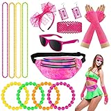 Hysagtek 80er Jahre Outfit Damen Accessoires, 90er Kostüm Accessoires Retro Neon, Gürteltasche, Fingerlose Netzhandschuhe, Stirnband, Halskette, Armband, Ohrring, Brille, für Halloween Karneval