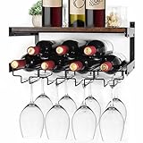 B4Life Wandmontierte Weinregale，Weinglashalter Wandmontage mit Stemware Aufhänger Moderne Weindisplay Aufbewahrungshalter für Küche Esszimmer Bar-Hält 8 x Gläser und 7 x Weinflaschen