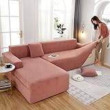 OKJK Jacquard Samt Stretch Sofabezug l Form All-Inclusive, Einfarbige universelle Chaiselongue Sofa überzug, Couchbezug eckcouch für Wohnzimmer (Rose pink,3 Seater and 2 Seater)