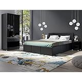 Lomadox Schlafzimmer Set 4-teilig mit Bett 160x200cm, 2 Nachttische, Kleiderschrank 2-TRG. in schwarz Hochglanz mit grauem Kunstleder Modern