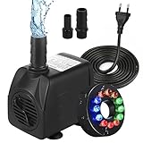 Mini Wasserpumpe Mit LED 600L/H 10W Einstellbarer Wasserfluss Wasserpumpe Aquarium Leise Springbrunnenpumpe Mit 140CM Netzkabel 2 Düsen Für Aquarium Gartenteich Hydroponic Statue