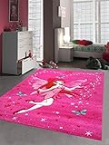 Kinderteppich Spielteppich Kinderzimmer Teppich Zauberfee mit Schmetterlinge Pink Creme Rot Türkis Größe 80x150 cm