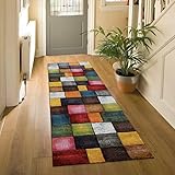 Paco Home Kurzflor Wohnzimmer Teppich Bunt Karo Design Vierecke Mehrfarbig Farbenfroh, Grösse:80x300 cm