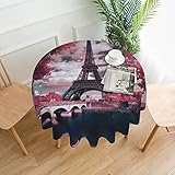 Rosa Landschafts-Eiffelturm-Tischdecke, 60 Zoll Durchmesser, rund, pflegeleicht, staubdicht, wasserdicht