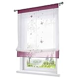 Devola Raffrollo Küche Raffgardine transparent Voile Fenstergardinen Schmetterling-Motiven Stickerei Raffgardine Moderne Faltvorhang mit Kordelzug Fensterdekoration BxH 80x100cm Violett 1er Pack