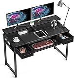 ODK Schreibtisch Schwarz, Schreibtische mit 2 Schubladen, Computertisch mit Tastaturablage, Bürotisch Holz PC-Tisch mit Monitorständer Höhenverstellbar, Officetisch 120x48x87cm für Home Office