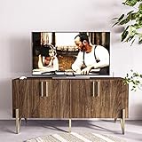 Roomfitters TV Schrank im Mid-Century-Stil, Moderner Buffetschrank, Walnuss Küchenschrank, Boho TV Sideboard Wohnzimmermit Stauraum, Goldene Metallbeine, Schuhschrank