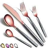 HOMQUEN Besteck 30 Stück Roségold Kopfbeschichtung mit Schwarzem Marsgriff, Edelstahl Kupfer Titanbeschichtung Messer Löffel Gabeln Besteck Set Utensilien Set Besteck Set Service für 6