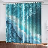 BONDIJ Lichtundurchlässige Vorhang 3D Blaue Meereslandschaft Muster Blickdicht Ösenvorhang Verdunklungsvorhänge Schlafzimmer Kinderzimmer Wohnzimmerdekoration 260X280cm(HxB)