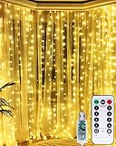 LED Lichtervorhang, 3 * 3M 300er Lichterketten Vorhang USB Fenster Lichterkette Wand mit Fernbedienung&Timer 8 Modi Wasserfall Lichterkette Innen Weihnachten Deko für Party Hochzeit Zimmer-Warmweiß