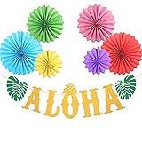 ZERHOK Aloha Hawaii Party Banner Deko, Glitzernd Willkommen Girlande mit 6Stk Bunt Papierfächer Deko Palmen Tropischen Luau Thema Party für Strand Pool Sommer