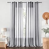 PONY DANCE Vorhang Halbtransparent Gardinen Schlafzimmer - H 220 x B 140 cm Voile Gardinen Leinenoptik Dekoschals Vorhänge Weiss Halbtransparent Ösenvorhang, 2er Set, Schwarze+graue Streifen