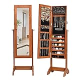GOPLUS Schmuckschrank, Schmuckregal mit verstellbarem Ganzkörperspiegel, Spiegelschrank für Ketten, Ohrringe und Schminke, Standspiegel mit Stauraum, Schminkspiegel, abschließbare Tür, rotbraun