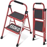 Kingrack 2 Stufen Leiter, Klappleiter mit Anti-Rutsch und breitem Pedal, Kleine Leiter mit Griff, Robuste Stahlleiter, leichte und tragbare Trittleiter, Rot