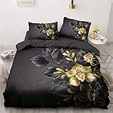 Luowei Blumen Bettwäsche 135x200cm Schwarz Gold Romantische Floral Bettbezug mit Reißverschluss Microfaser Deckenbezug und 1 Kissenbezug 80 x 80 cm