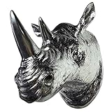 BROHN Wanddekoration aus Metall für Zuhause, 3D Craft Rhinoceros Kopf Wandmontierte Skulptur Plattiert Silber Harz Tier Kopf Wanddekoration Kunst Ornament Wohnkultur