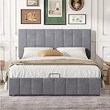 Polsterbett 140*200, Doppelbett mit Hydraulisch anhebbarer Bettstauraum ,höhenverstellbares Polsterkopfteil, Metalllattenrost, Hautfreundlicher Samtstoff Doppelbett Erwachsenen Jugendbett Dunkelbeig