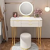 BUJOG 80/100 cm Schminktisch-Set mit LED-beleuchtetem Spiegel, Hocker und 3 Schubladen, Schmuck-Organizer, Schminkkommode, Schlafzimmermöbel