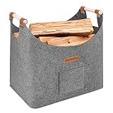 XL Brennholzkorb Filzkorb Extra dicker Filz und verstärkter Griff | Faltbarer Holzkorb Filztasche für Einkauf, Holz, Zeitung oder Brennholz(Grau)
