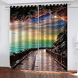 3D Sonnenuntergang Küste Holzbrücke Gardinen Mit Ösen 150 X 166 cm (B X H) Polyester Vorhang Blickdicht Verdunkelungs Geräuschreduzierung Vorhänge 2Er Set Für Wohnzimmer Schlafzimmer Jugendzimmer Kin