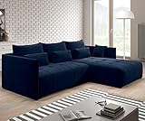 Furnix Ecksofa Yalta mit Schlaffunktion und Bettkasten - Couch L-Form Sofa mit Kissen - Stellfüße in Chromoptik - B245 x H83 x T182 cm, Liegefläche: 147 x 232 cm - MH77 (Dunkelblau)
