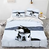 phonxia Bettwäsche 135x200 Schwarzer Husky Bettbezug 135x200 cm Bedding mit Reißverschluss Bettwäsche-Sets Kinder 2 Kissenbezug 80x80 cm Mikrofaser Atmungsaktiv