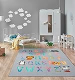the carpet Happy Life Kinderzimmer, Kinderteppich, Spielteppich, Waschbar, Alphabet, Grau, 160 x 220 cm