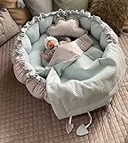 Atmungsaktive WAFFELPIQUE Baumwolle XXL ENGELSNEST +DECKE +KISSEN •Nestchen Ø90cm •Krabbledecke Ø155cm 2seitig Sommer Babynest Babykokon Reisebett (Waffel MINZE/Mini Punkte Grau)
