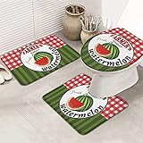 Badematten Set 3 Teilig Farm Pink Buffalo Plaid Green Watermelon Stripe Sommer Anti-Rutsch Contour Badteppich Weiche Toilettensitzbezug Badematte