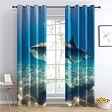 THYUNQ Vorhänge Hai Motiv, Vorhang Blickdicht Verdunklungsvorhänge mit Ösen - Gardinen Wohnzimmer Schlafzimmer Fenster, 2er Set Curtains, H 200 x B 140 cm