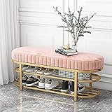 Bequeme Samt-Eingangsbank, Moderne Schuhhocker-Sitzschuhregalbank Mit 2-stufigem Gold-Schuhregal, Premium-Flur-Schuhhocker,Pink,100X32X43Cm