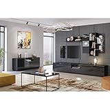 Lomadox Wohnwand modern schwarz mit LED Beleuchtung und Glasfronten, B/H/T: ca. 290/195/48 cm