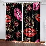 Blickdicht Vorhänge - Rote Rose Frau Lippen krönen schwarzen Hintergrund Vorhang,140x160cm Gardinen Wohnzimmer Schiebevorhänge für Schlafzimmer - Trennwand Gardine Ösenvorhang