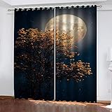 2 Stücke Blickdichter Vorhang 3D Vollmondgoldene Bäume Muster Verdunklungsvorhänge Schlaufen Gardinen Kälteschutz & Hitzeschutz Ösenschal Für Schlafzimmer Wohnzimmer Fensterdekoration 240X270cm