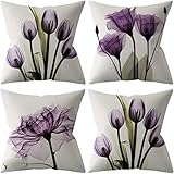 Kissenbezug 40x40 4er Set Dekokissen Leinen Kissenbezüge Lila Blumen Kissenhülle Dekorative Sofakissen Deko Kissen Luxus Decor für Couch Wohnzimmer Zierkissen