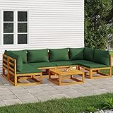 JUNZAI 7-TLG. Garten-Lounge-Set mit Grünen Kissen Massivholz, Gartenmöbel Set, Balkon Lounge, Garden Furniture, Loungegarnitur, Balkonset, Lounge Möbel, Sitzlounge Garten,