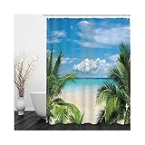 Epinki Duschvorhang, 120x200CM Duschvorhänge Polyester Sonnig Meer Muster, Badewanne Vorhang Maschinenwaschbar, Schnell Trocknend, Weiß Blau Grün