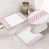 Badematten Set 3 Teilig Pink Buffalo Check Abstrakte Geometrie-Gitterkunst Waschbar Contour Badteppich Wasserabsorbierend Wc-Sitzbezug Badteppich
