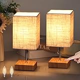 Lightsjoy 2er Tischlampe Touch Dimmbar Tischleuchte Holz mit Schalter Weiß Stoff Nachtlicht E14 für Schlafzimmer Wohnzimmer Kinderzimmer Glühbirne, Warmweiß Holzsockel