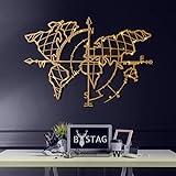 Tubibu Moderne Wandkunst, 100 % Metall – metallische Weltkarte, Größe 66 x 95 cm, Weltkarte und Kompass, Wanddekoration, Heimgeschenk, Einweihungsgeschenk, Hochzeitsgeschenk gold