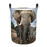 Afrikanische Wildtiere Elefant runder Wäschekorb mit Griff, wasserdicht, stilvoller Aufbewahrungskorb für Waschküche, Wohnzimmer, Badezimmer