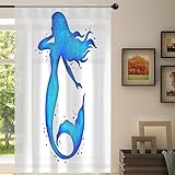 Aquarell Meerjungfrau Sheer Vorhang Blaue Meerjungfrau Silhouetten Sheer Fenster Voile Vorhänge für Wohnzimmer Schlafzimmer Zimmer Küche Esszimmer Dekor 139 x 213 cm