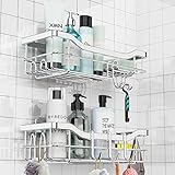 WARMTUYO Duschablage Duschregal Ohne Bohren für Badezimmer und Küche Badezimmer Regal mit 11 Haken Seifenschale Rasiererhalter Shampoo Halterung für Dusche Badregal Edelstahl,Rostfrei,4 Selbstklebend