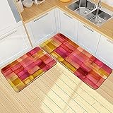 Küchenteppiche 2-Teilige,Abstrakter Regenbogenfarbener geometrischer quadratischer verschwommener Effekt-Aquare,Weiche Saugfähige Küche für vor dem Waschbecken Küchenmatte und Teppich vor dem Schrank