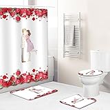 Badezimmerteppich Weiße Rote Rose Badematte Set 3 Teilig,Teppich Badvorleger rutschfeste (50x80)+U-Typ Wasseraufnahme Schmutzfangmatte +Schnelltrocknend Toilet Fußmatte