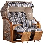 Strandkorb Schleswig Pinie Volllieger Strandstuhl Liegestuhl Pinienholz PE Geflecht Mokka Dessin 555 inkl. 4 Kissen Strandkörbe aus Pinie für Garten, Wintergarten und Terrasse