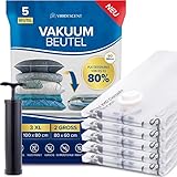 Viridescent Vakuumbeutel für Kleidung mit Reißverschluss - 5er Packung (2 Groß, 3 Extra Groß) - Vakuumbeutel für Bettdecken - 4 x mehr Stauraum - 35% Dickeres Plastik