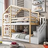 ZYLOYAL10 Hochbett mit Treppe & Schubladen, Etagenbett Stockbett für 2 Kinder, Massivholz Kinderbett, Jugendbett, Doppelbett Hausbett Natur & Weiß