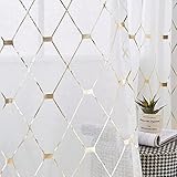 Joywell Gold Voile Vorhänge 2er Set-Strukturierte weiße Vorhänge Gardinen Raute transparente Privatsphäre Glitter, dekorative Voile Vorhänge für Wohnzimmer Schlafzimmer 245x140